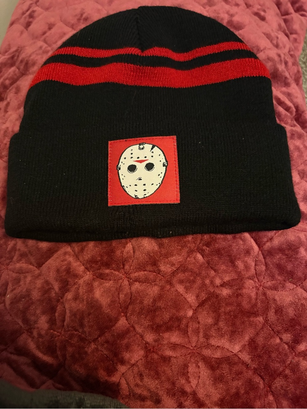 Black Beanie with Red Stripes and Hockey Mask Patch